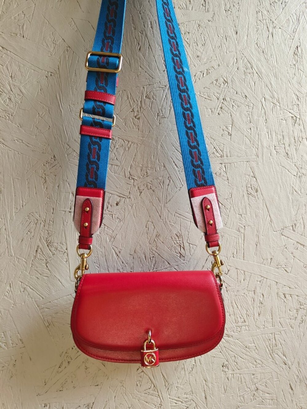 MICHAEL KORS Mila leather flap small crossbody messenger in Red /Blue strap